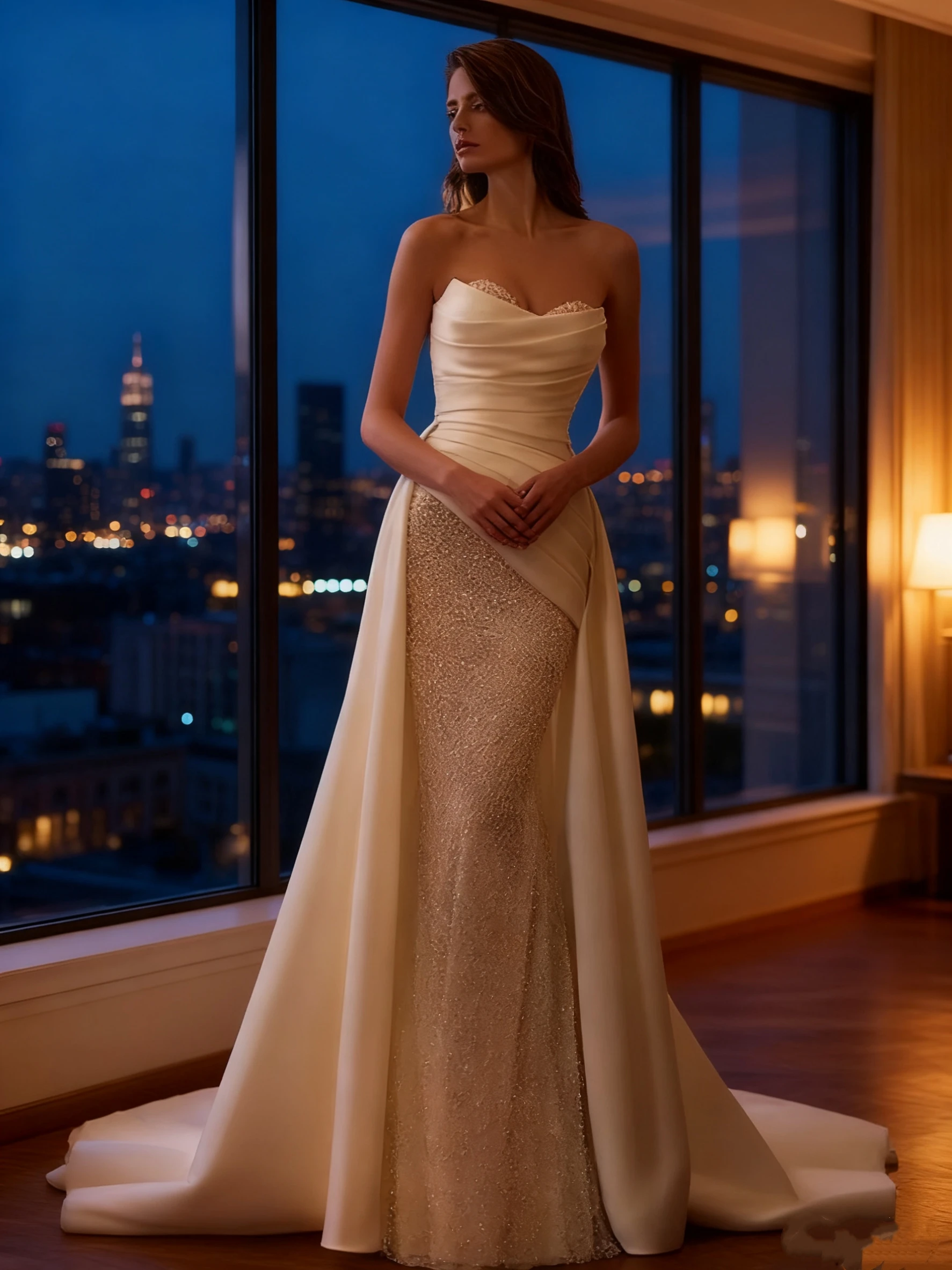 فستان زفاف غمد بدون حمالات مخصص مع خط عنق على شكل قلب من قماش الساتان برباط خلفي بطول الأرض سويب تراين للعروس #5