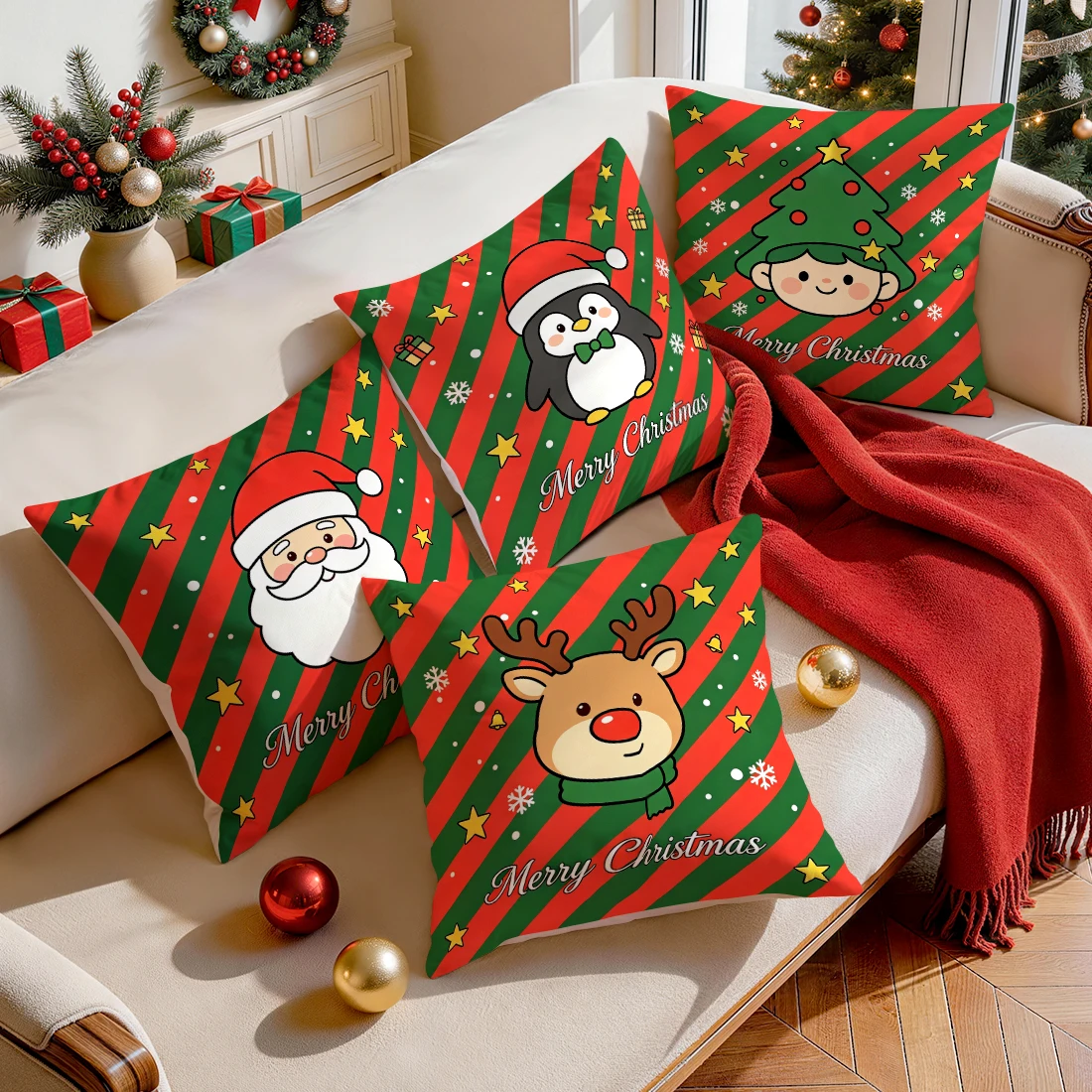Diagonal Christmas Pillowcase Printed Polyester 40/45/50cm Throw Pillowcover Decorative Sofa Cushion Pillowslip Home Decor