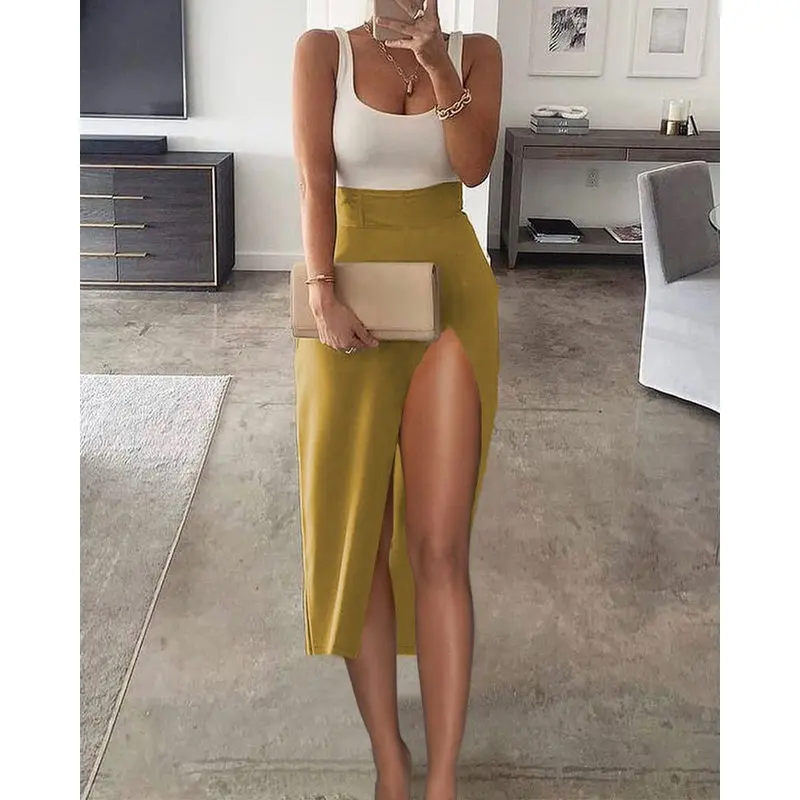 

Pure Color Vest High Split Skirt Casual Leisure Outfit Women's Fashion Spring Collection Online And Offline Available