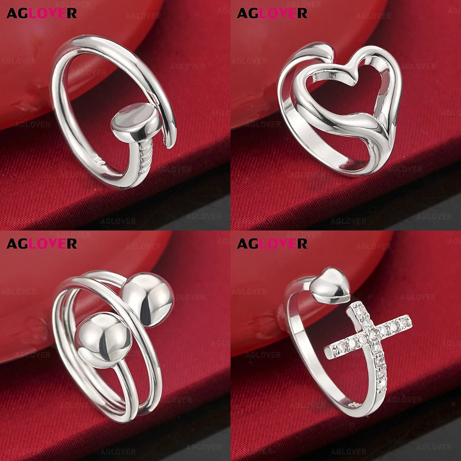 

AGLOVER 925 Sterling Silver Hollow Heart Open Ring Trendy European and American Retro Party Jewelry