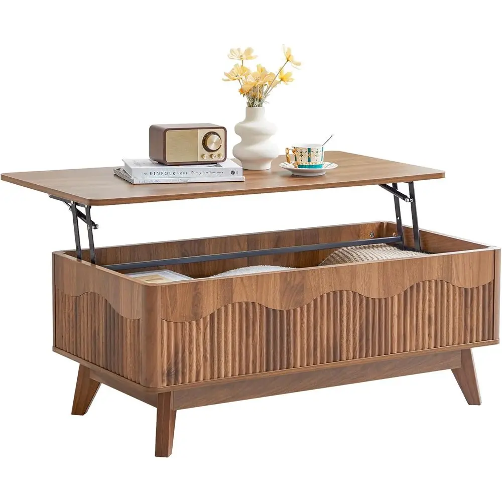 

Top Coffee Table with Hidden Storage, L-shaped Coffee Table with Wave Profile, Rectangular Center Table for Living Room (Walnut)