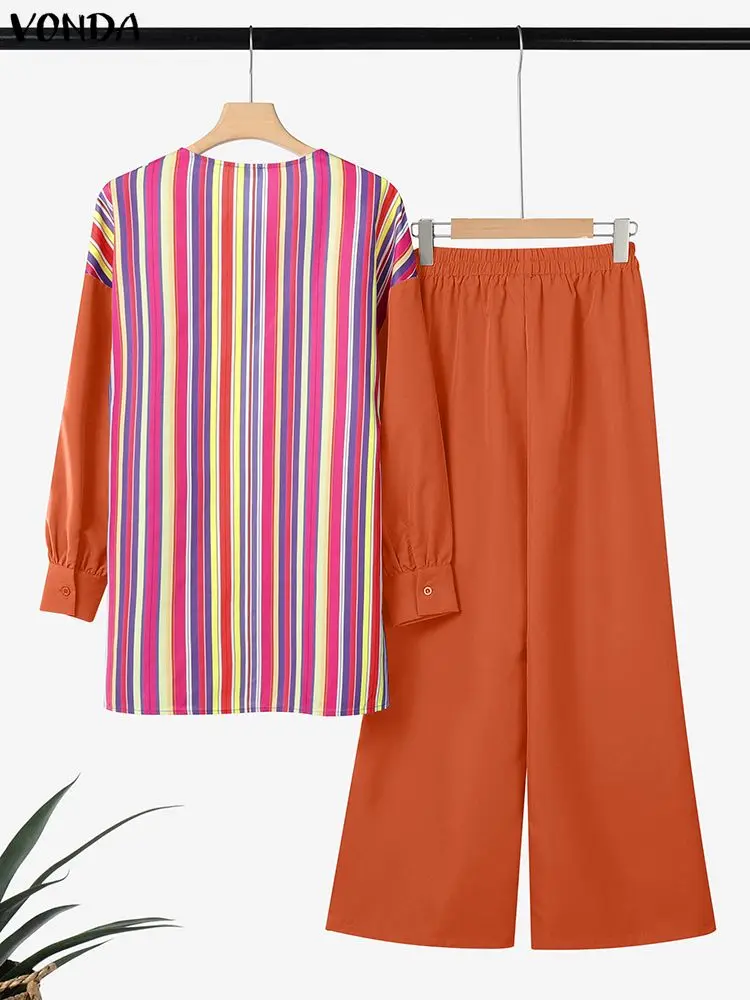 VONDA Women Sets Striped Long Sleeve Tops and Wide Leg Pants 2pcs 2025 Fashion Printing Vintage 2 Piece Outfits Plus Size 5XL