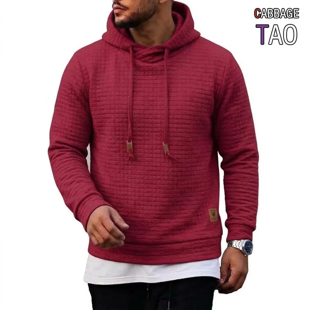 Mens Hooded Pullover Drawstring Jumper Long Sleeve Baggy Fit Warm Tops Woven Texture Urban Sportswear Hooded Outfit for Men