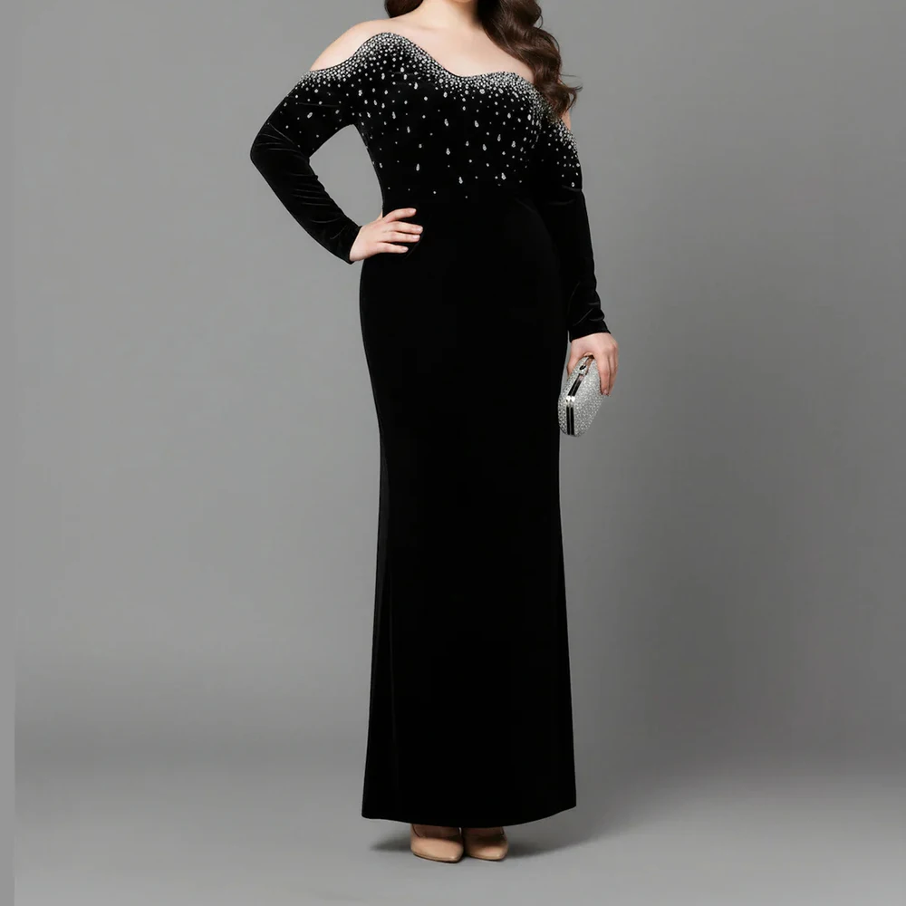 Vestidos de Noche negros de corte a para mujer, vestido de fiesta de manga larga hasta el tobillo con hombros descubiertos, vestidos personalizados drapeados con cristales a la moda