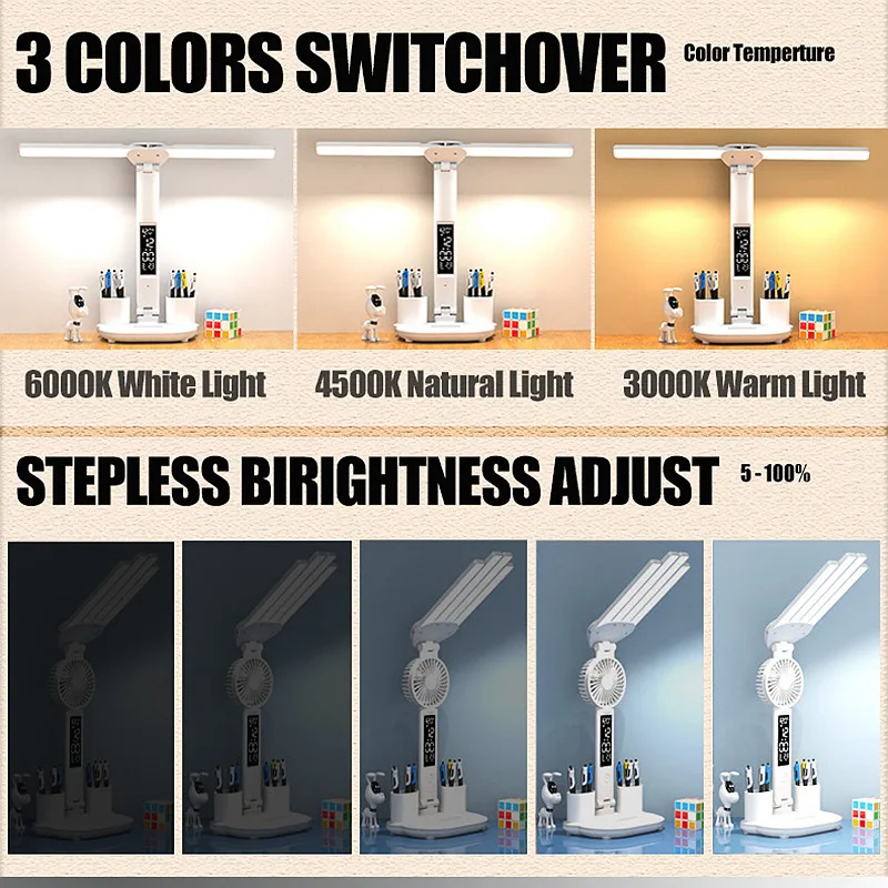 مصباح مكتبي للعناية بالعين مع مروحة ، شاشة عرض ليد ، ساعة رقمية ، usb ، تحكم باللمس ، 3 ألوان ، مصباح ليلي قابل للطي #3