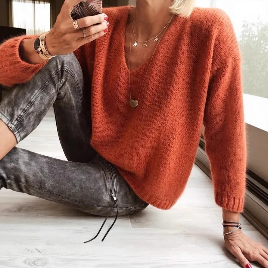 2025 Women's New Autumn and Winter Loose Casual V-Neck Shoulder Sweater