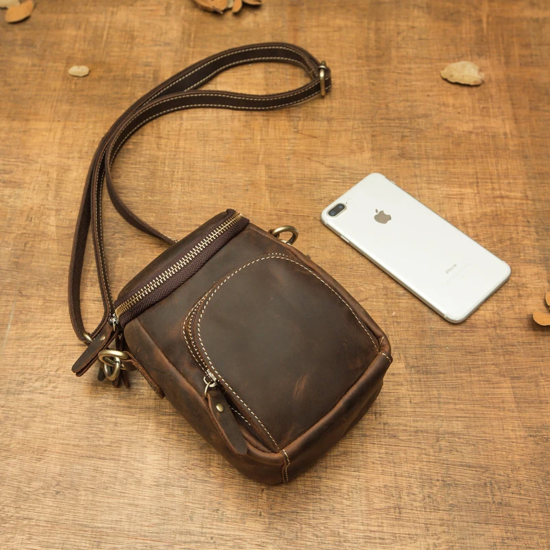 Vintage Handmade Genuine Leather Waist Bag For Men Retro Cowhide Leather Travel Shoulder Bag Daily Casual Cross body Sling Bag