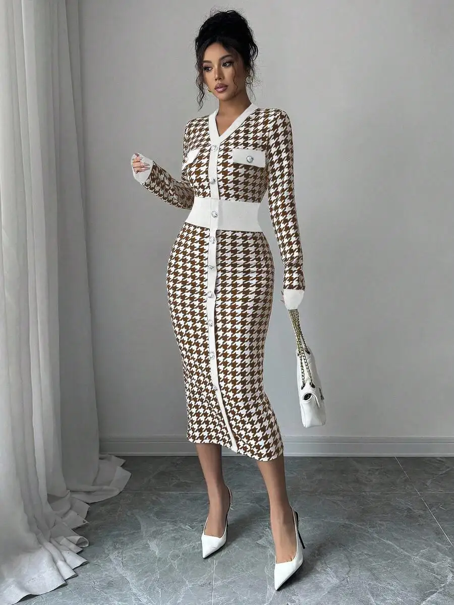 

V-Neck Houndstooth Knit Bodycon Dress With Button Detail For Women