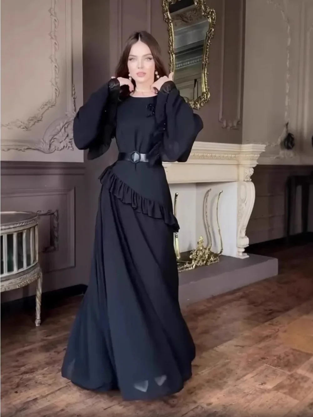 Eid Women Dress Muslim Autumn Ruffle Abaya Dubai Vestidos Largos Long Dresses Kaftan Arab Robe Party Caftan Jalabiya Ramadan