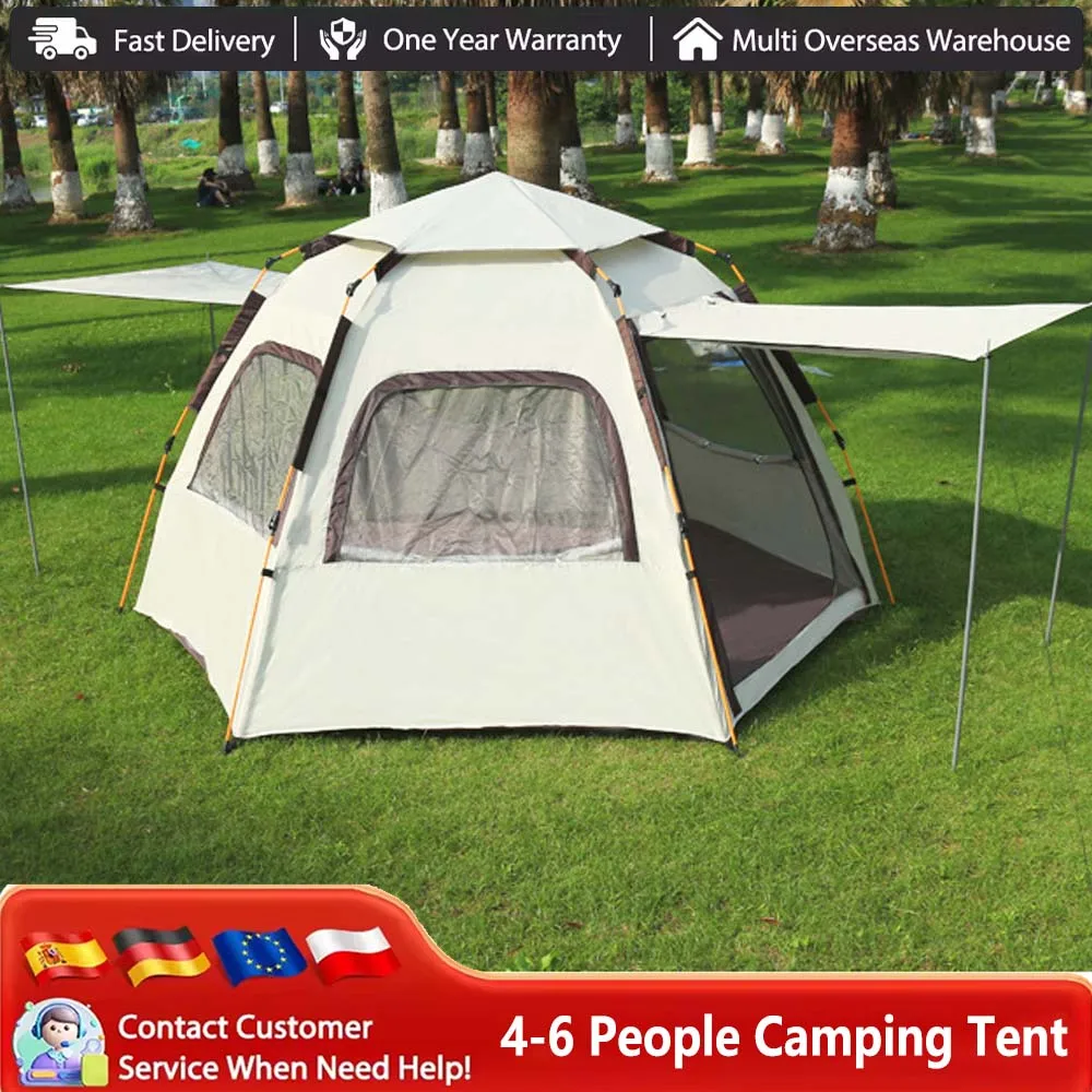 Outdoor Camping Sechseckiges Zehn-Personen-Zelt, Tragbares Automatisches Schnellöffnungs-Familienzelt für 4-6 Personen mit 4 Fenstern und 2 Türen, Wasserdichtes Winddichtes Regenfestes
