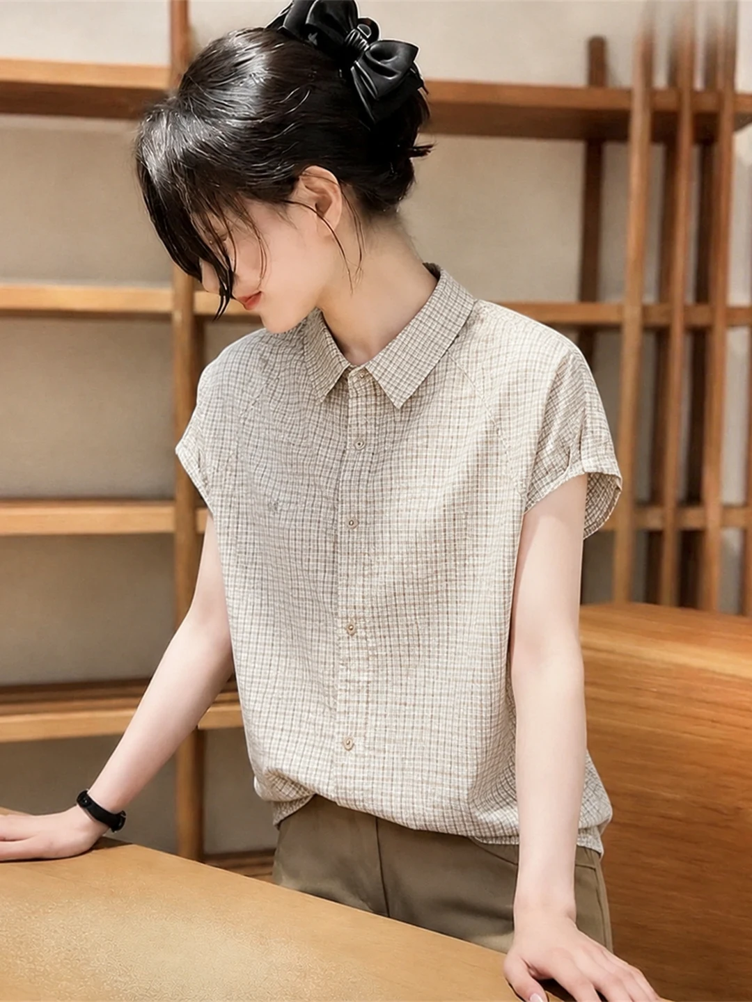 Fashionable Short Sleeve  Neck Shirt Korean Style Commute Pattern Women's Versatile Top Summer 2026 Silk Blend Blouse