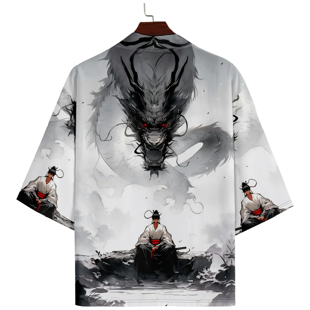 

Chinese Style Dragon Print Traditional Kimono Japanese Fashion Beach White Cardigan Tops Women Men Cosplay Haori Asian Clothing