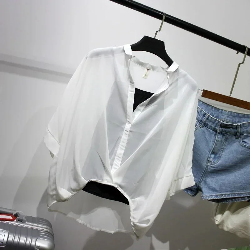 2025 Moda Set due pezzi Camicie in chiffon Mezza manica estiva Allentata scollo a V Grembiule casual Canotta solida sexy e slim fit 19483