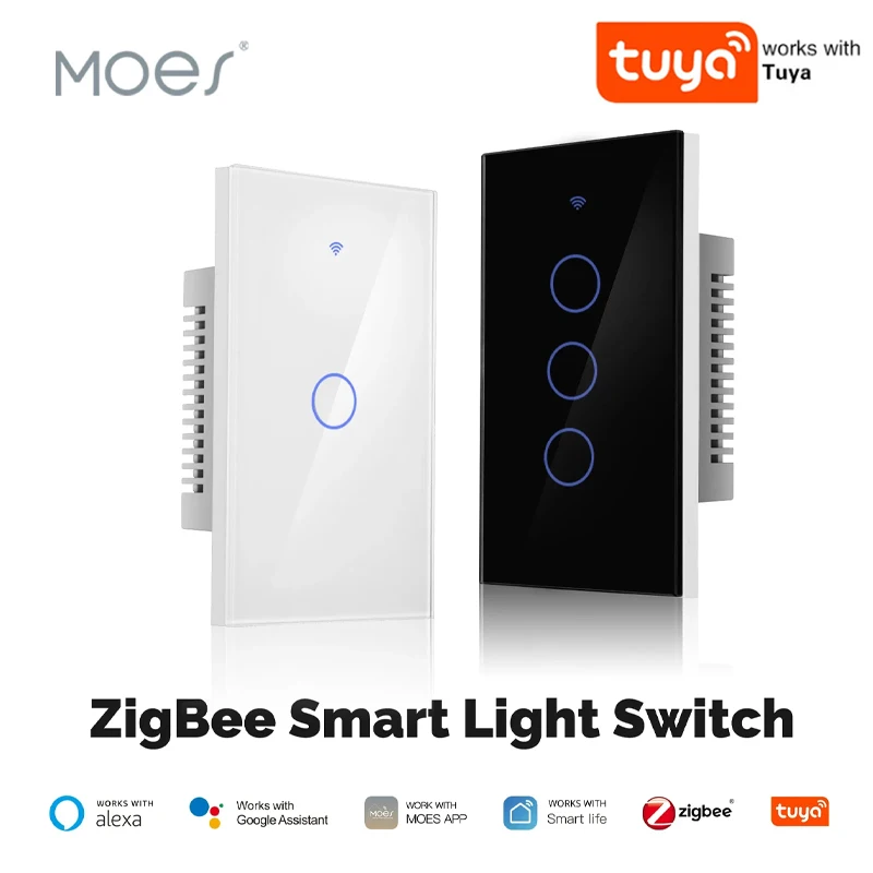 MOES Tuya ZigBee Smart Light Switch Touch Glass Panel Fireproof Neutral Wire Required Remote Control Work With Alexa Google Home