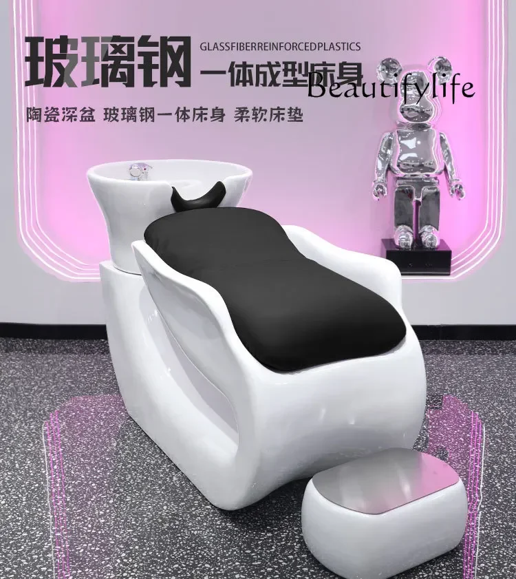 Barber Shop Shampoo Chair Simple Lying Half Ceramic Basin FRP Hair Flushing Bed for Hair Salon