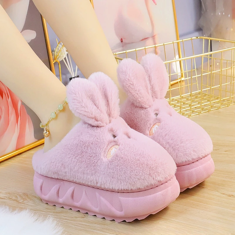 Zapatillas de liebre de conejo blanco para mujer, zapatos de casa con plataforma de animales bonitos, toboganes de felpa para dormitorio de niñas,