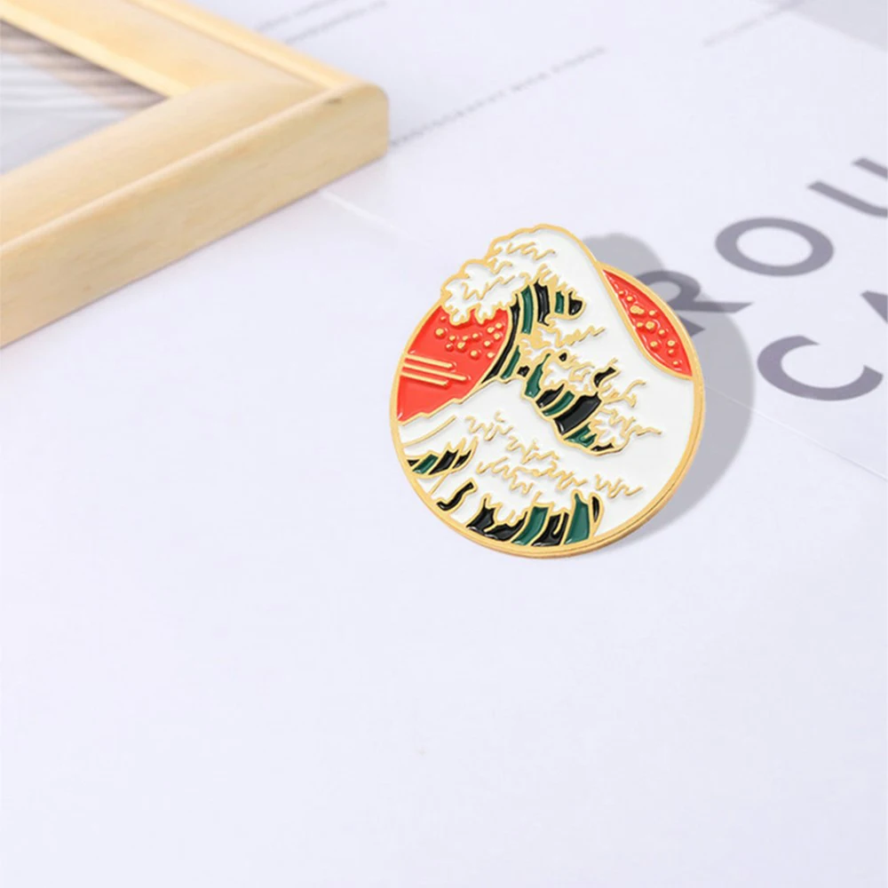 Japanese Style Enamel Pin Custom Ocean Wave Mount Fuji Brooch Badges Bag Shirt Lapel Pin Buckle Cartoon Jewelry Gift for Friends