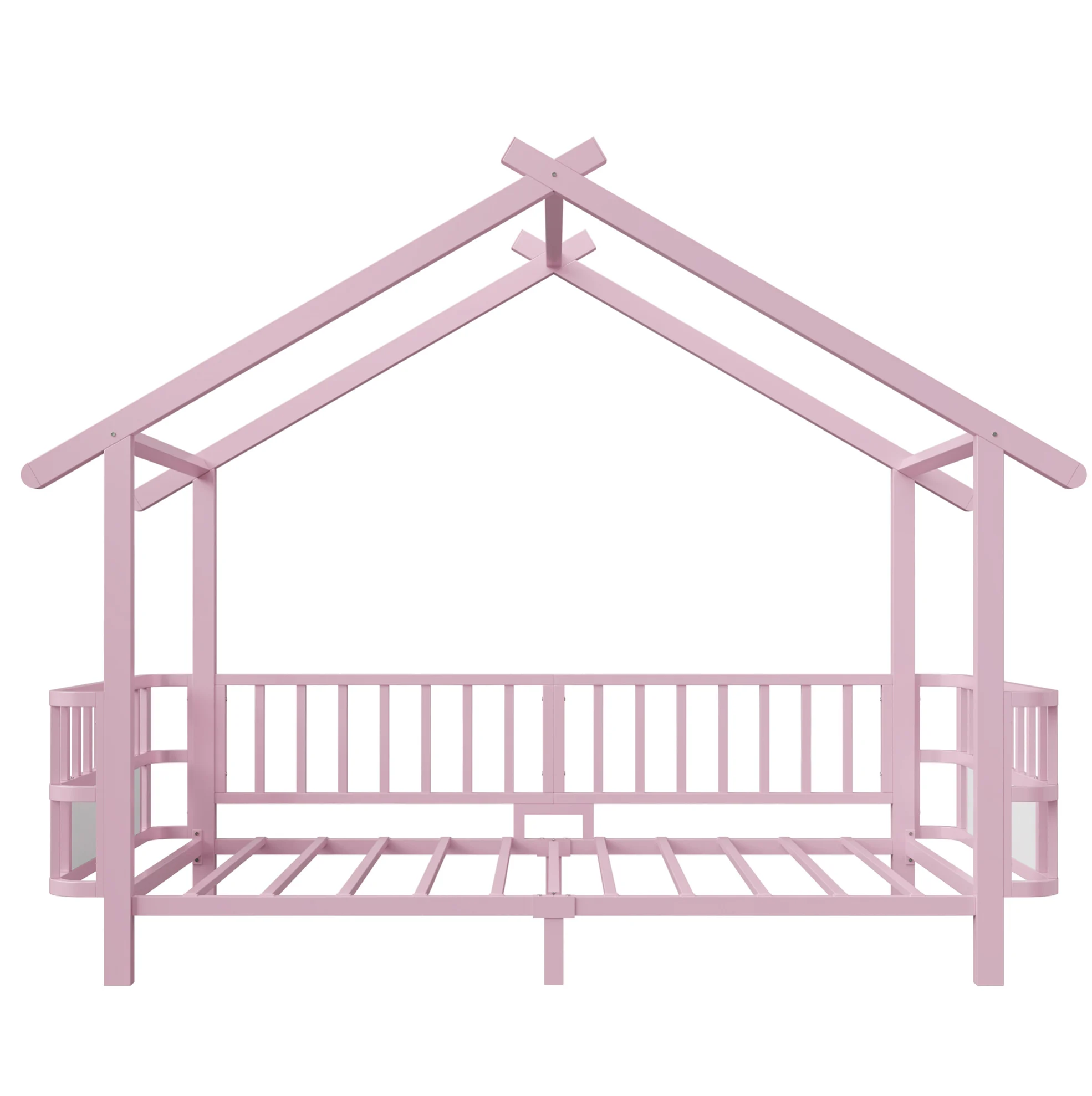 Other Kinderbed in de vorm van een huis, metalen frame 90x200 cm met veiligheidsrails en dakontwerp, roze