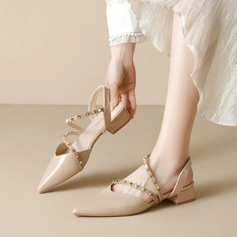 

Rivet Toe Sandals for Women, Summer Nude Chunky Heel Pointed Toe Shoes