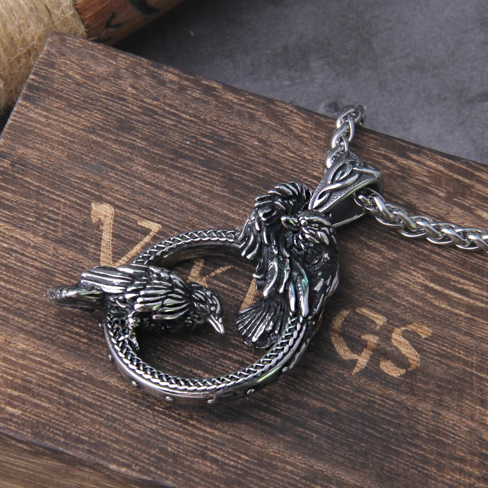 Nordic mythology Odin Huginn and Muninn pendant necklace viking Raven necklace stainless steel never fade with wooden box