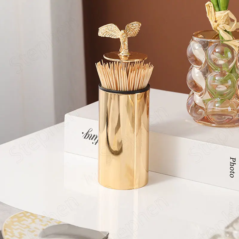 Gold-plated Stainless Steel Toothpick Dispenser European Classic Animal Decorative Press Cotton Swab Holder Home Decoration