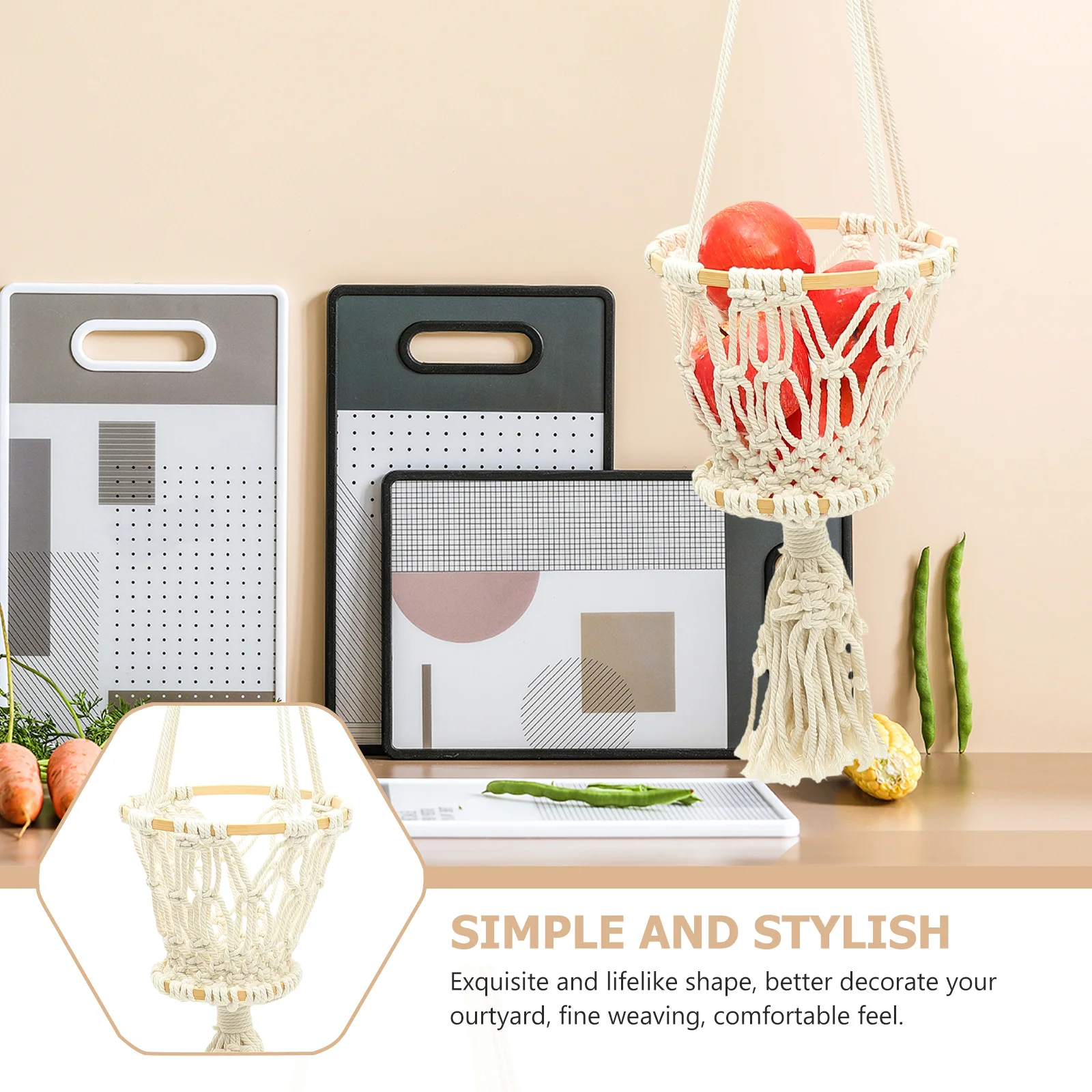 

Fresh Color Macrame Hanging Fruit Basket Woven Cotton Rope Wall Storage Organizer Vegetable Hammock For Kitchen Home Decor