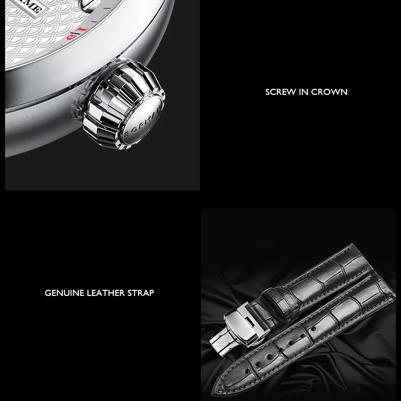 بورمان ساعة أوتوماتيكية للرجال 42 ملم ساعة يد ميكانيكية بحزام جلدي هيكل عظمي مينا ياقوت مرآة 24 ساعة