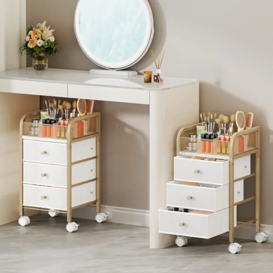 

Rolling Makeup Organizer Cart - Under Desk Vanity Makeup Storage with 3 Non-woven Drawers Nail Cart Organizer Cosmetic Display