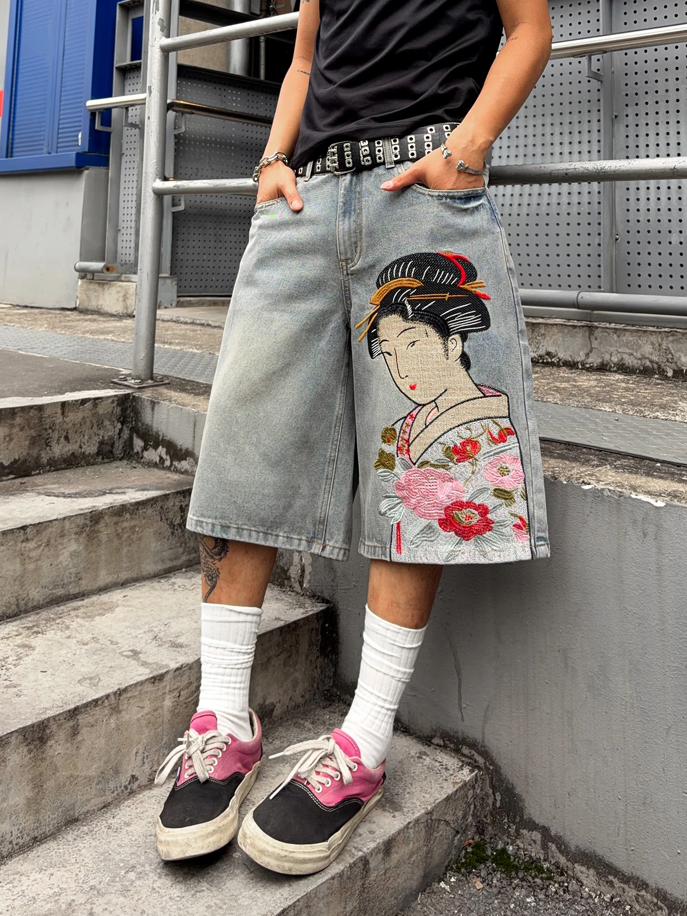 Immagine 6: Pantaloncini in denim blu da uomo, stile giapponese retrò, ricamati, larghi, Y2K, tendenza street skate, versatili e casual.