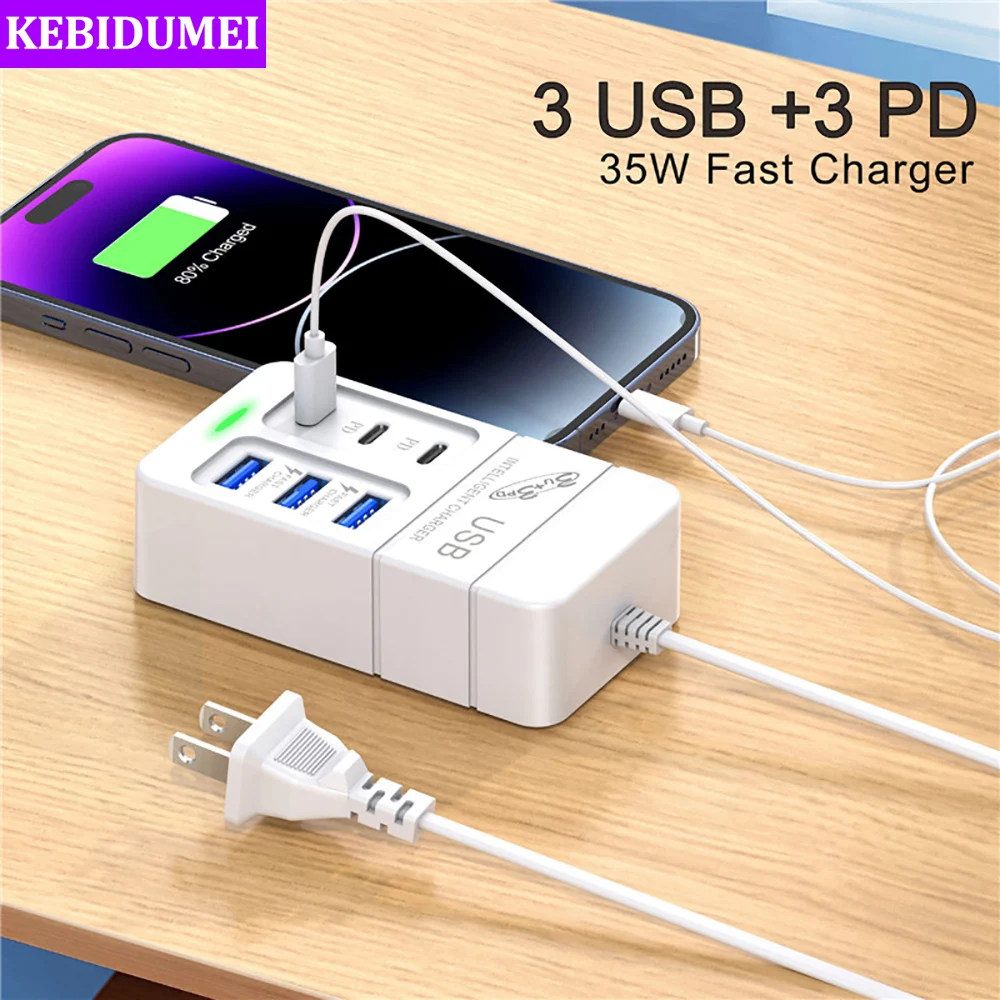 6 Ports 35W Fast Charging Charger 3 USB 3 Type C Desktop USB Charger TYPE C Charging Adapter For Home Office School Travel Room