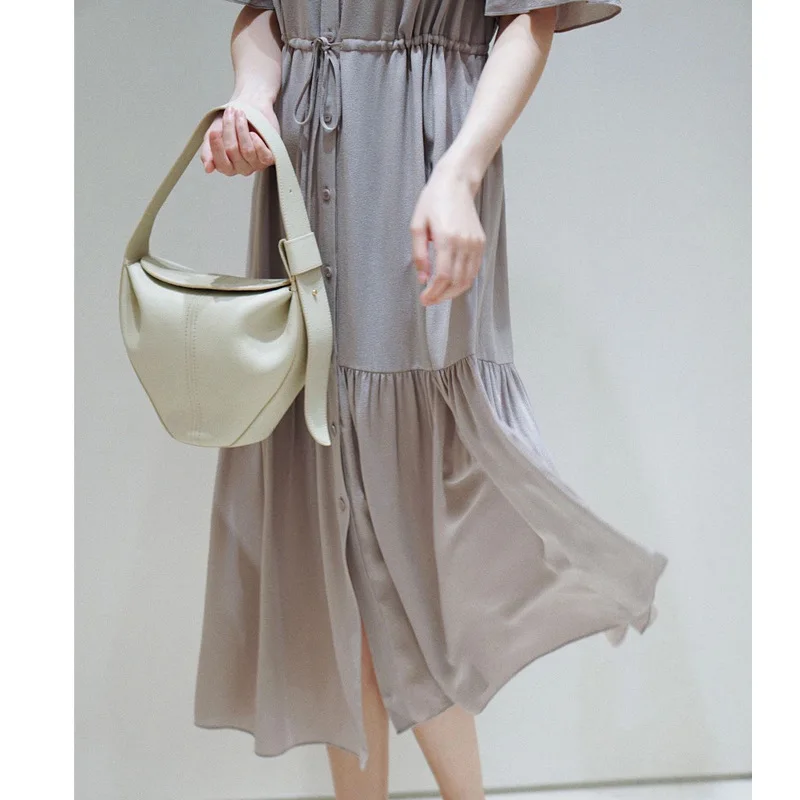 Saia de seda crepe de camada dupla manga curta vestido de seda de comprimento médio verão novas roupas femininas de alta qualidade