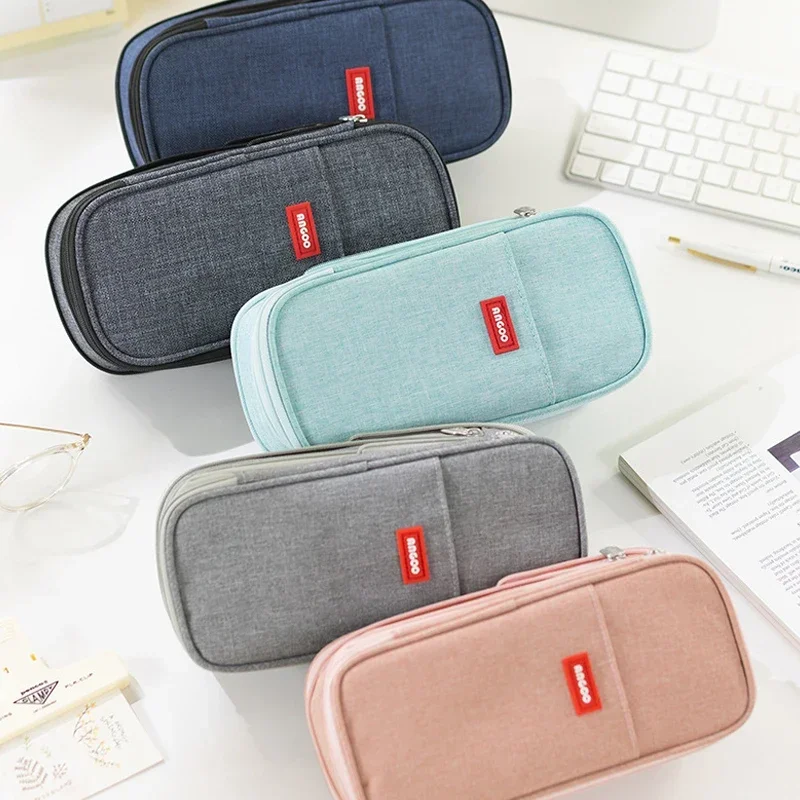 Cute Pencil Case for Girls Macaron Canvas Double Layer Large Capacity Pencil Box Kids Kawaii Pouch Stationery School Supplies