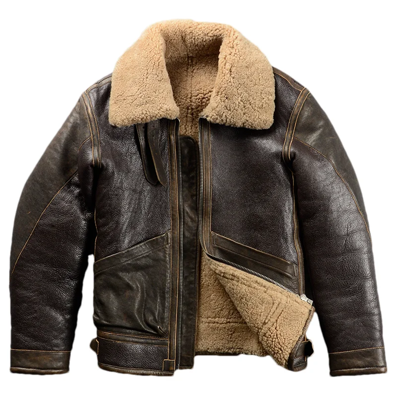 

Dark Brown Winter Shearling Jacket Men Retro Military Style Plus Size 6XL Natural Thick Sheepskin Spliced Genuine Leather Coat