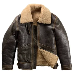 Dark Brown Winter Shearling Jacket Men Retro Military Style Plus Size 6XL Natural Thick Sheepskin Spliced Genuine Leather Coat