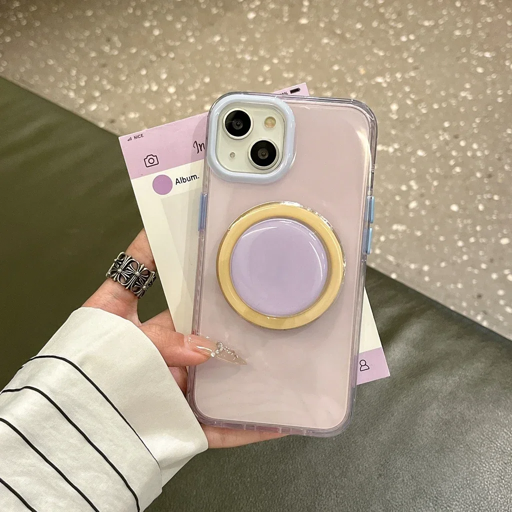 Fashion Transparent Candy Color Glossy With Holder Magnetic Wireless Charging Phone Cover Case for iPhone 16 15 14 13 12 Pro Max