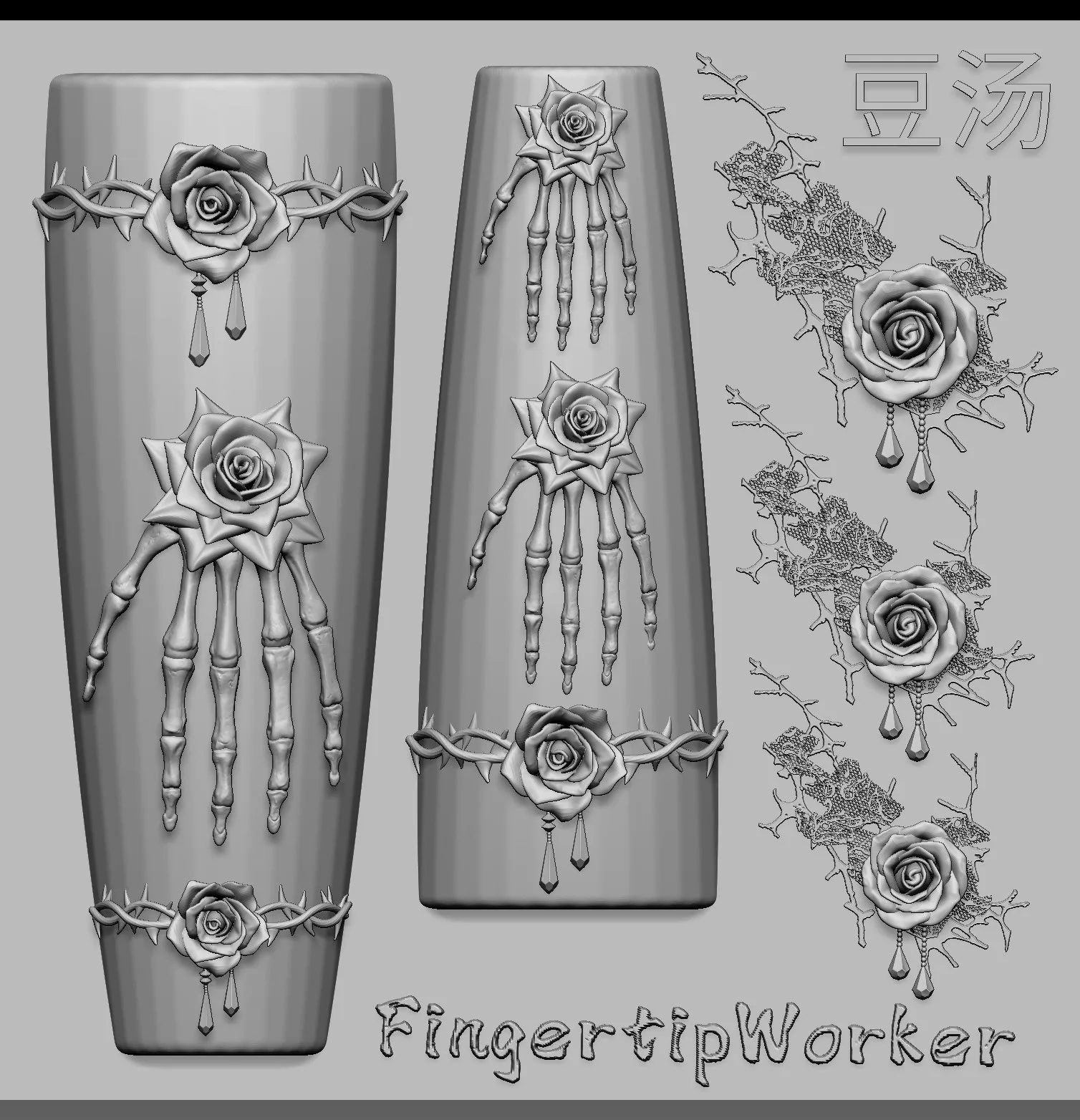 Dark style retro 3D spine bone rose skull hand sickle skull hand thorn lace baroque crow candlestick Silicone Nail Art Mold—Box - view 4