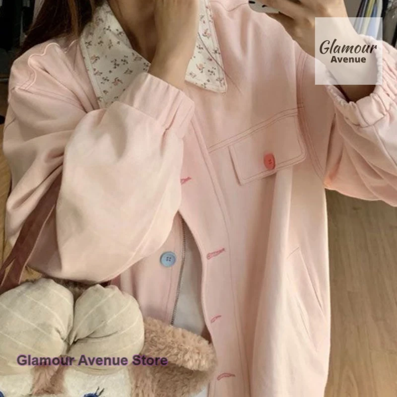 Korean style solid color button jacket jacket girls autumn and winter new loose fashion design Joker casual baseball uniform.