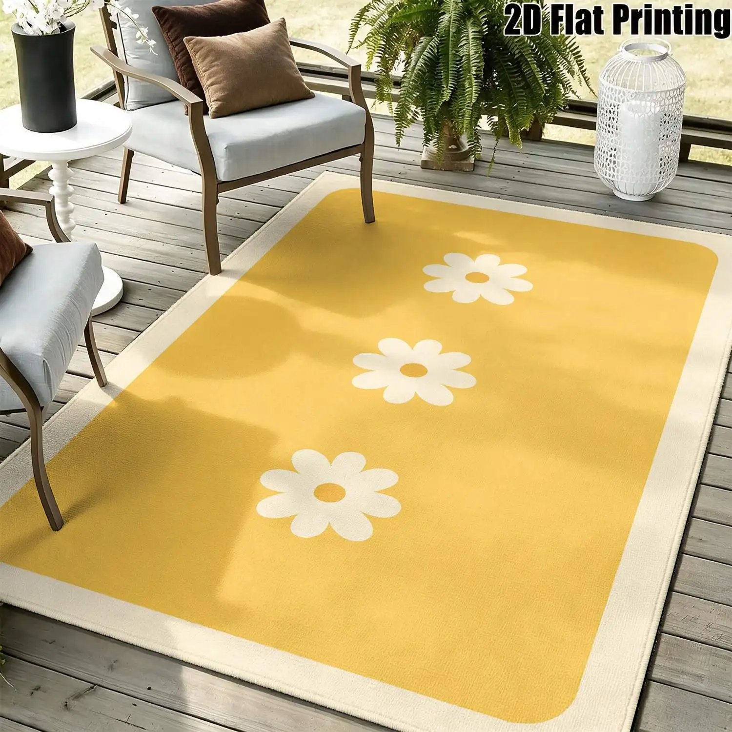 1Pc 2D Printed Carpet with Yellow Floral Patterns, Nordic-Style, Instagram-Inspired, Modern Minimalist Geometric Striped Floor Mat, Home Decor, Multi-Size, Machine Washable, Suitable for Entrance, Dining, Foyer, Bedroom, Living Room
