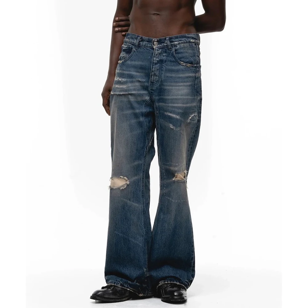Ropa de calle, pantalones vaqueros holgados desgastados Vintage lavados para Hombre, pantalones vaqueros rectos sueltos rasgados, Ropa para Hombre con corte de bota