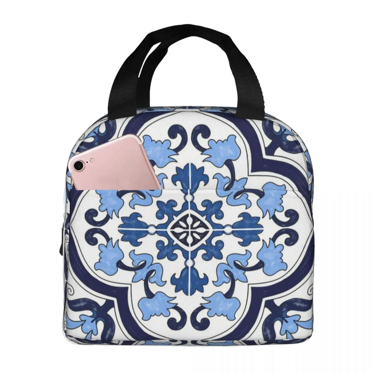 Blue Ornate Floral Mediterranean Sicilian Tile Lunch Bags Insulated Bento Box Portable Lunch Tote Picnic Bags Thermal Bag