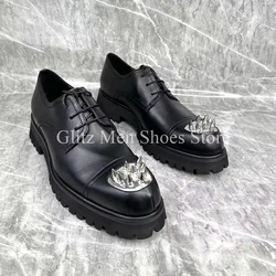 Black Rivet Leather Men's Derby Shoes Round Toe Banquet Genuine Leather Height Increasing Shoes New Spring Lace-up Shoes For Men