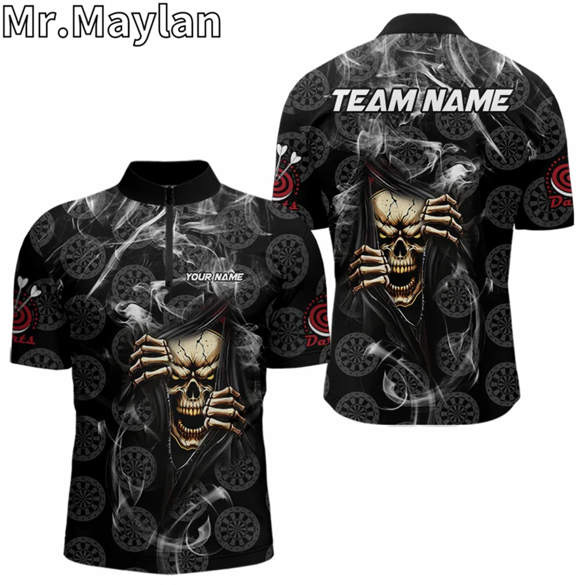 

3D Personalized Skull Dartboard Black Zipper Polo Shirts for Men Smoke Pattern Dart Team Jersey Gift for Darts Lovers
