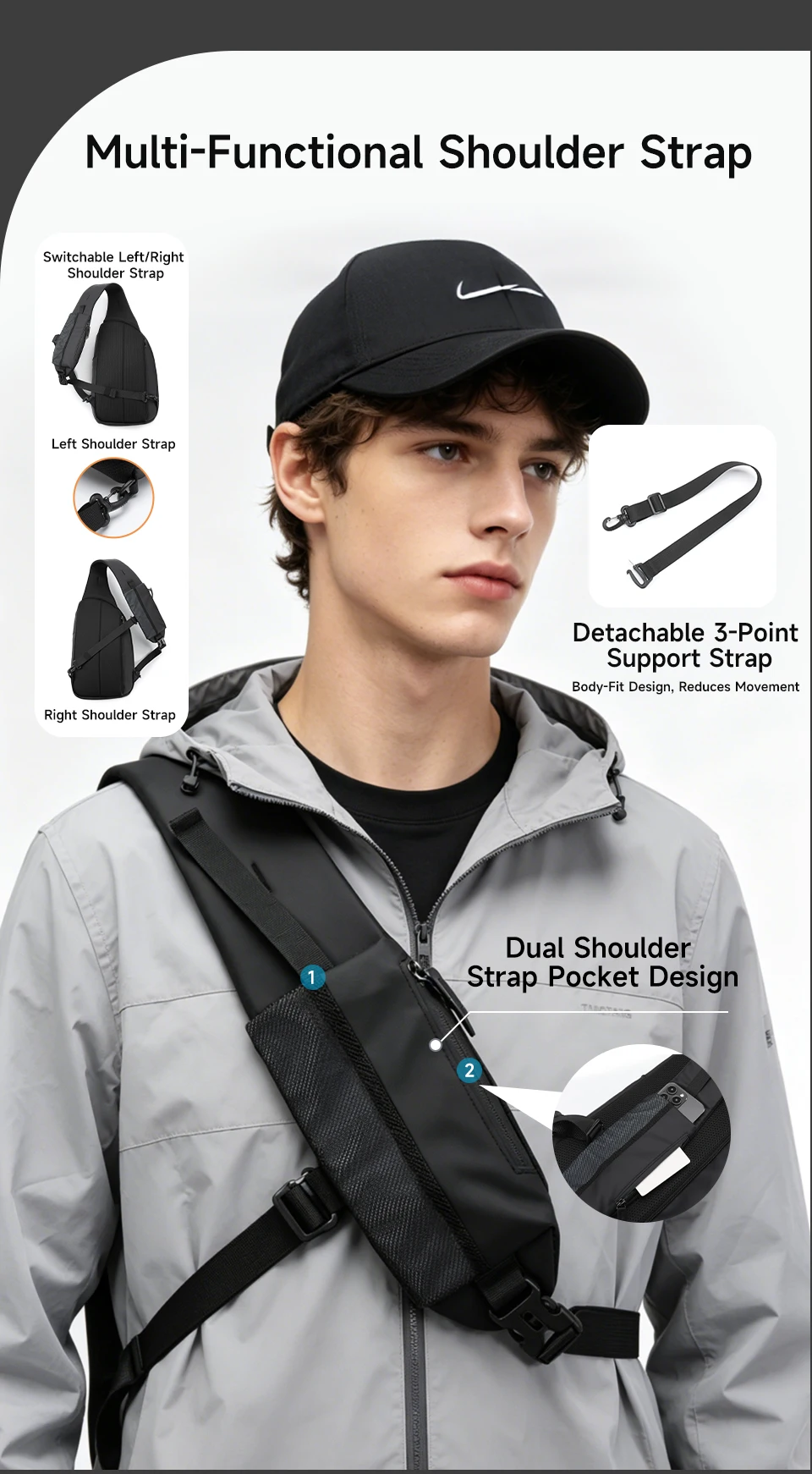 Tigernu Modische Umhängetasche für Herren, Freizeittasche für 11-Zoll-Tablets, wasserabweisende TPU-Brusttasche für Herren, Outdoor-Fahrradtasche, Seitentasche – Detail 4