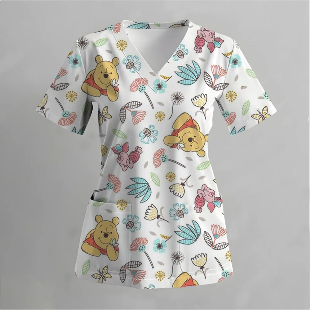 Disney Christmas Donald Duck Winnie the Pooh Printed Nurse Uniform Pocket Healthcare Scrubs Nurse Work Shirt Nursing Staff