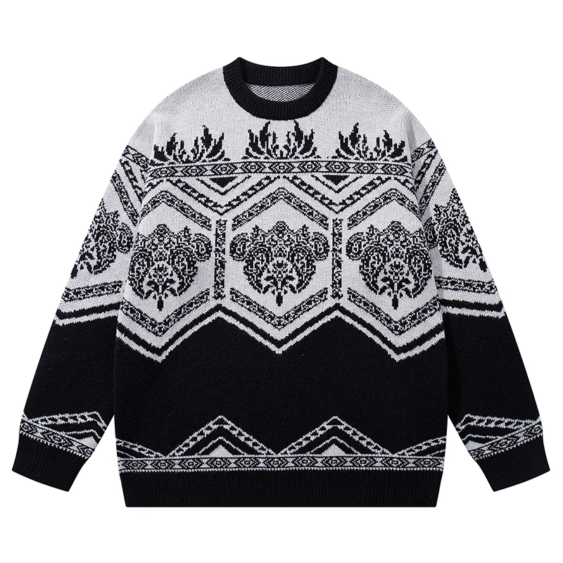

Autumn Vintage Knitted Sweater Men Women Winter Warm Pullover Crewneck Retro Geometric Floral Pattern Casual Loose Fit Knitwear