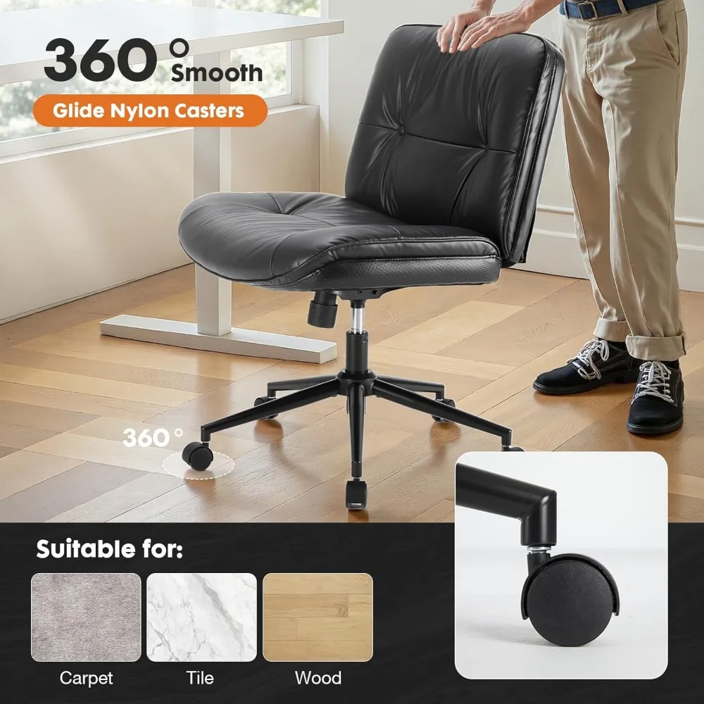 Kursi Kerja Sweetcrispy Criss Cross dengan Roda, Kursi Meja Kantor/Vanity Tanpa Sandaran Tangan Berbahan Kulit PU dengan Dudukan Lebar, Nyaman dan Dapat Diputar