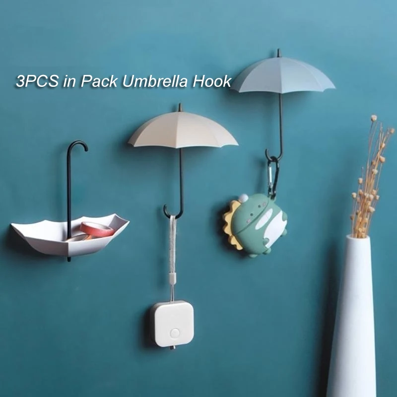 

3 Pcs/Set Cute Umbrella Sticky Hooks No Punch Colorful Key Hangers Kitchen Bathroom Storage Hooks Home Bedroom Wall Decoration