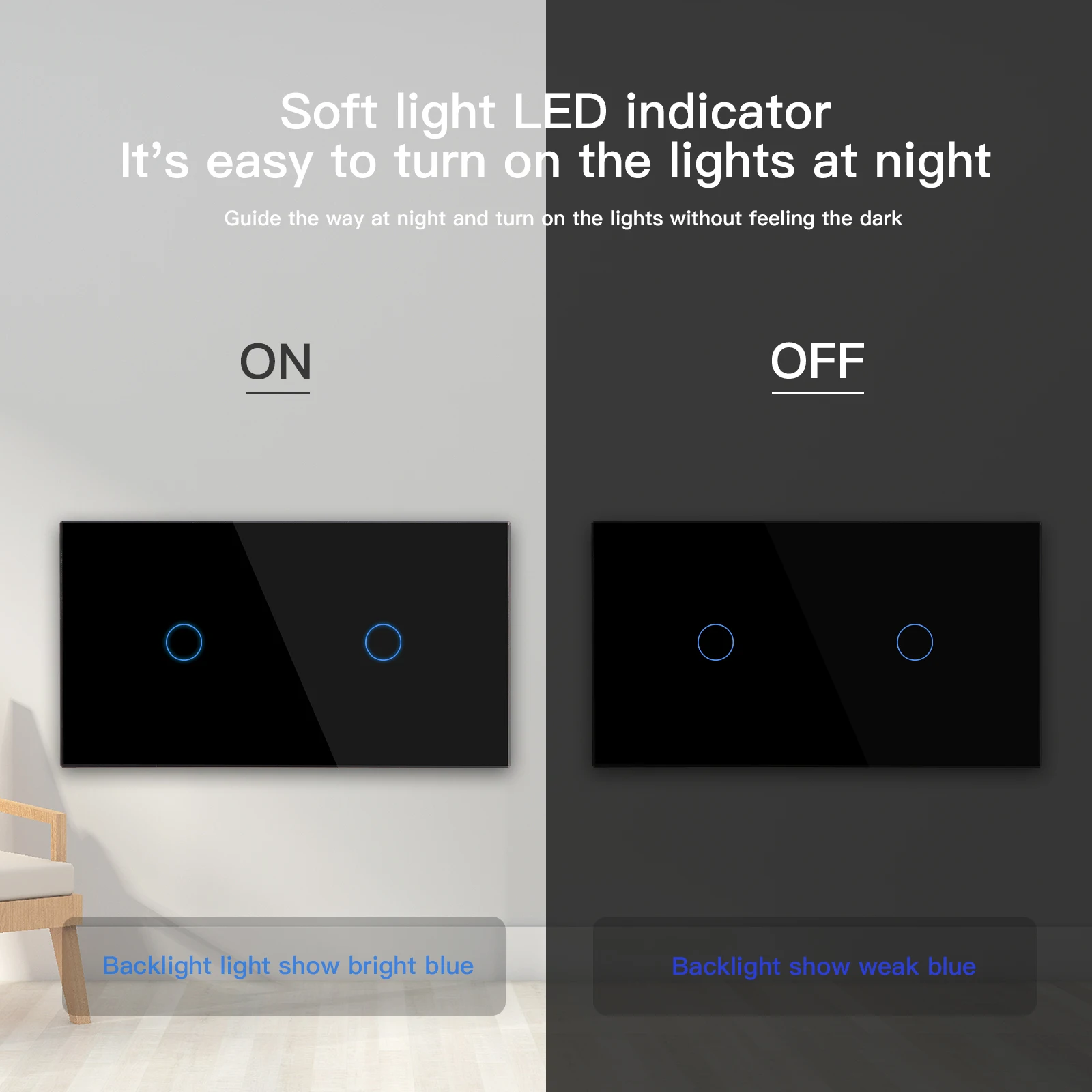 BSEED Touch Switches 1/2/3Gang 1Way Wall Light Switches Blue LED Backlight Glass Sensor Screen Home Switches Black EU Standard