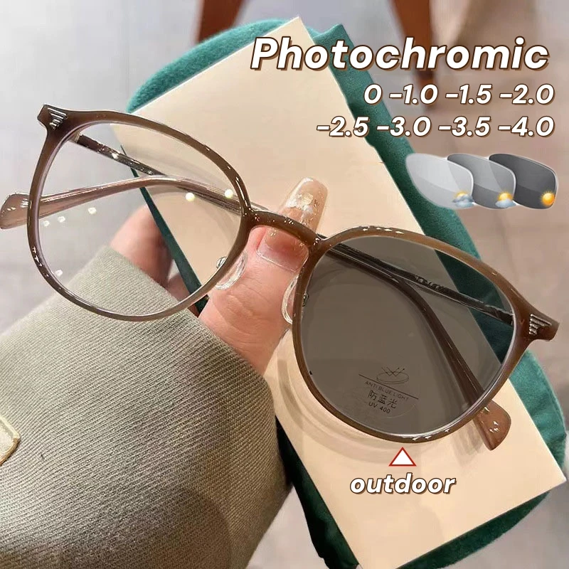 

New Fashionable Anti Blue Light Photochromic Glasses Korean Men Women Myopia Eyewear Round Transparent Near Sight Glasses