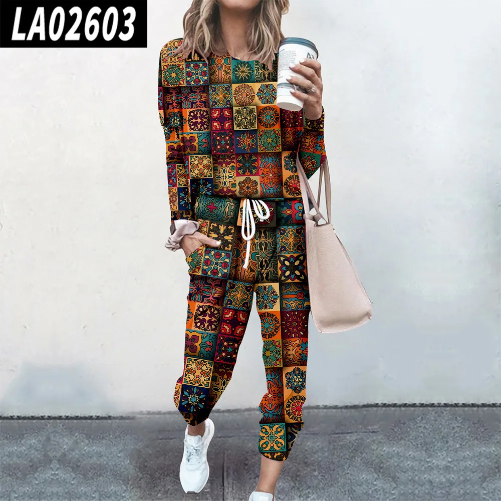 Women Fashion Patchwork Print Pullover And Pants Casual Jogger Suit Tracksuit Sweatshirt Pullover